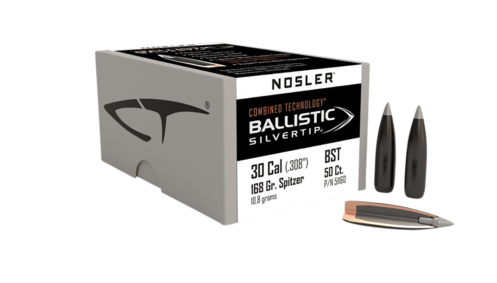 Nosler 51160 Ballistic Silvertip  30Cal 168gr Spitzer Point 50/Box