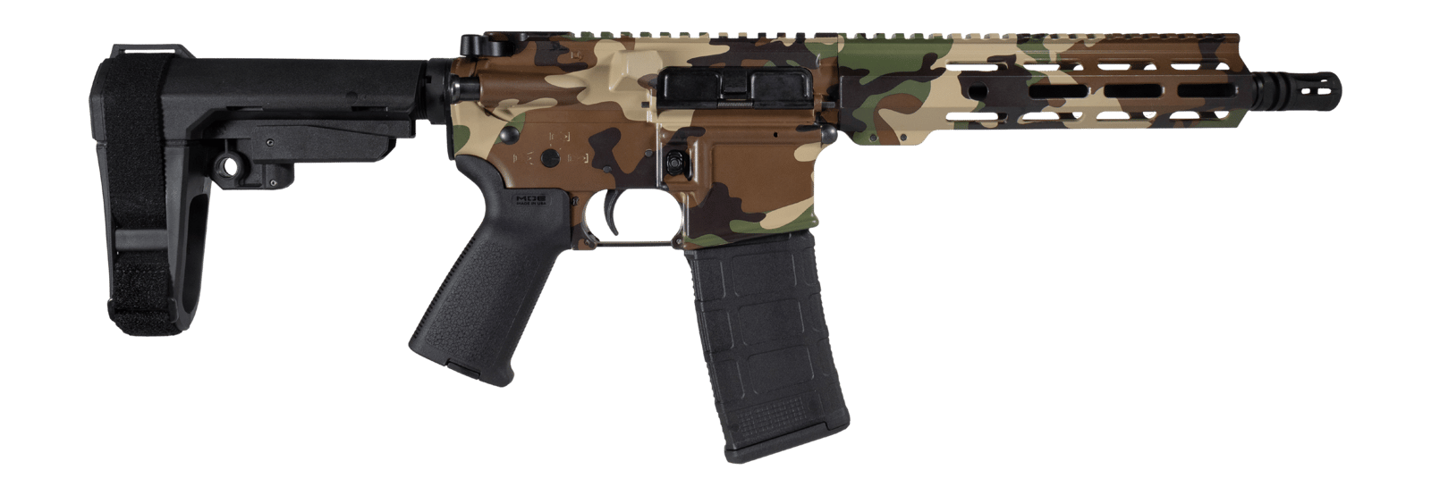 Shark Coast Tactical SCC07206M81-P Woodland Camo 5.56 NATO 30+1 Black Nitride Threaded Barrel, Aluminum Receiver w/Picatinny Rail, M-LOK Handguard, Polymer SB Tactical SBA3 Brace, Magpul MOE Grip, Rig