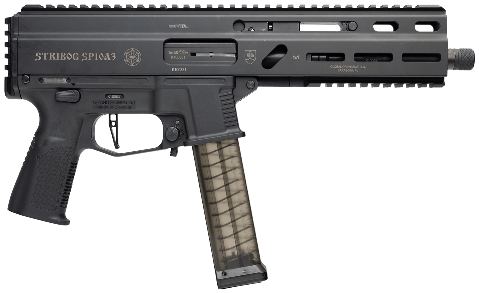 Grand Power 810091157152 SP10A3 Stribog 10mm Auto 20+1 8" Black Threaded Barrel, Black Aluminum Picatinny Rail Receiver, Rear picatinny Rail, Black Polymer Grip, Thread Protector
