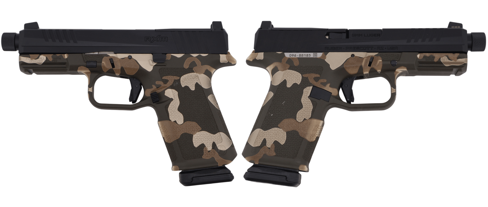 RUGER RXM THREADED 9MM PISTOL 4.5" BBL WOODLAND CAMO MAGPUL EHG, O.R. 2-15RD MAGS