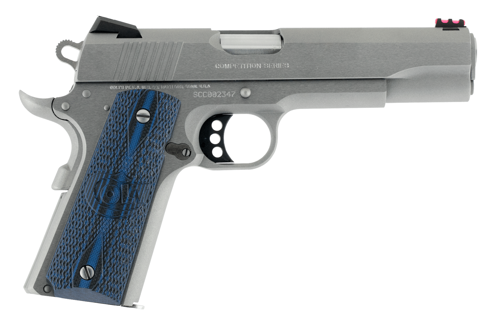 Colt Mfg O1070CCS Competition Government 45 ACP 8+1 5" Stainless National Match Barrel, Serrated Slide & Frame w/Beavertail, Checkered Blue G10 Grip, Ambidextrous