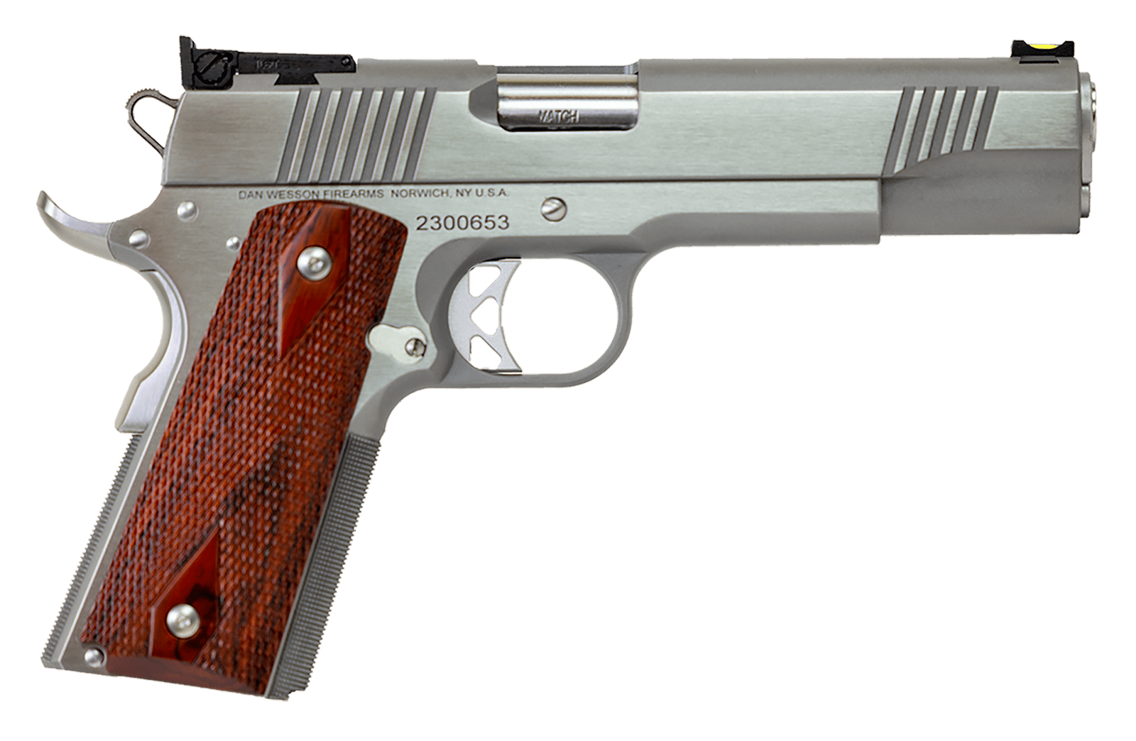 Dan Wesson 01943 Pointman  45 ACP Caliber with 5" Barrel, 8+1 Capacity, Overall Stainless Steel Finish, Beavertail Frame, Serrated Brushed Slide & Cocobolo Grip