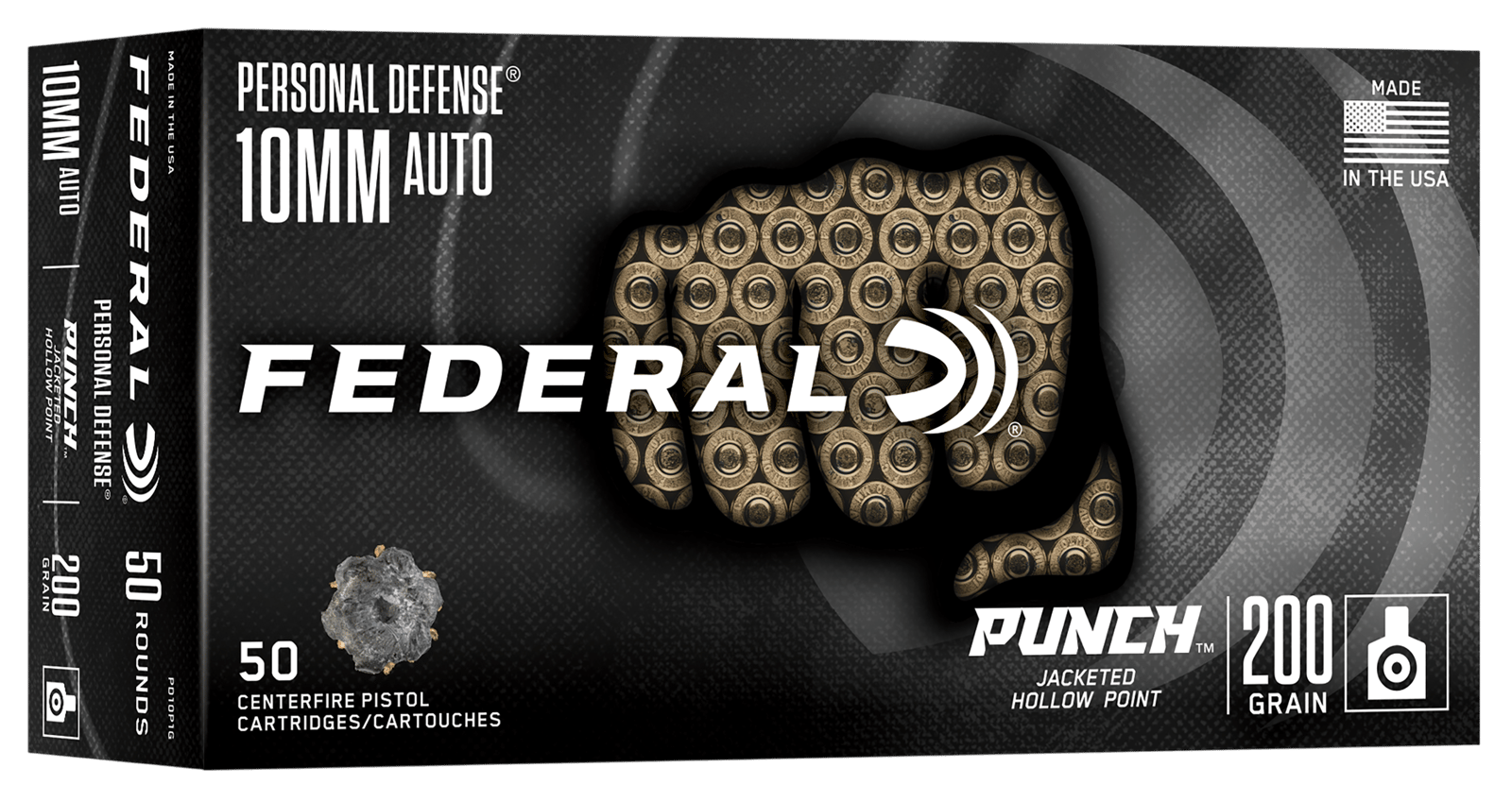 Federal PD10P1G Punch  10mmAuto 200gr Jacketed Hollow Point 50 Per Box/10 Case