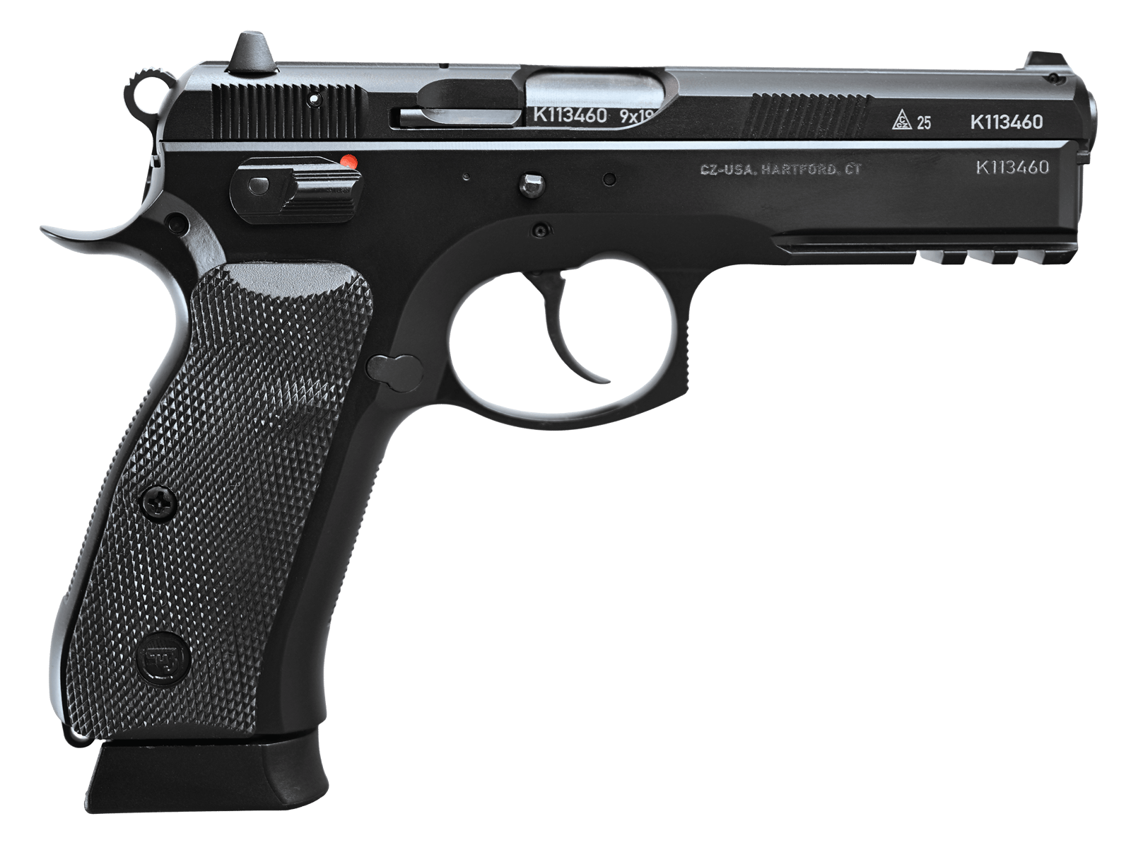 CZ-USA  75 SP-01 50th Anniversary Elite 9mm Luger 19+1 4.60" Black Steel Barrel & 50th Anniversary Engraved/Serrated Slide, Black Polycoat Steel Frame w/Picatinny Rail & Beavertail, Black Rubber Grip