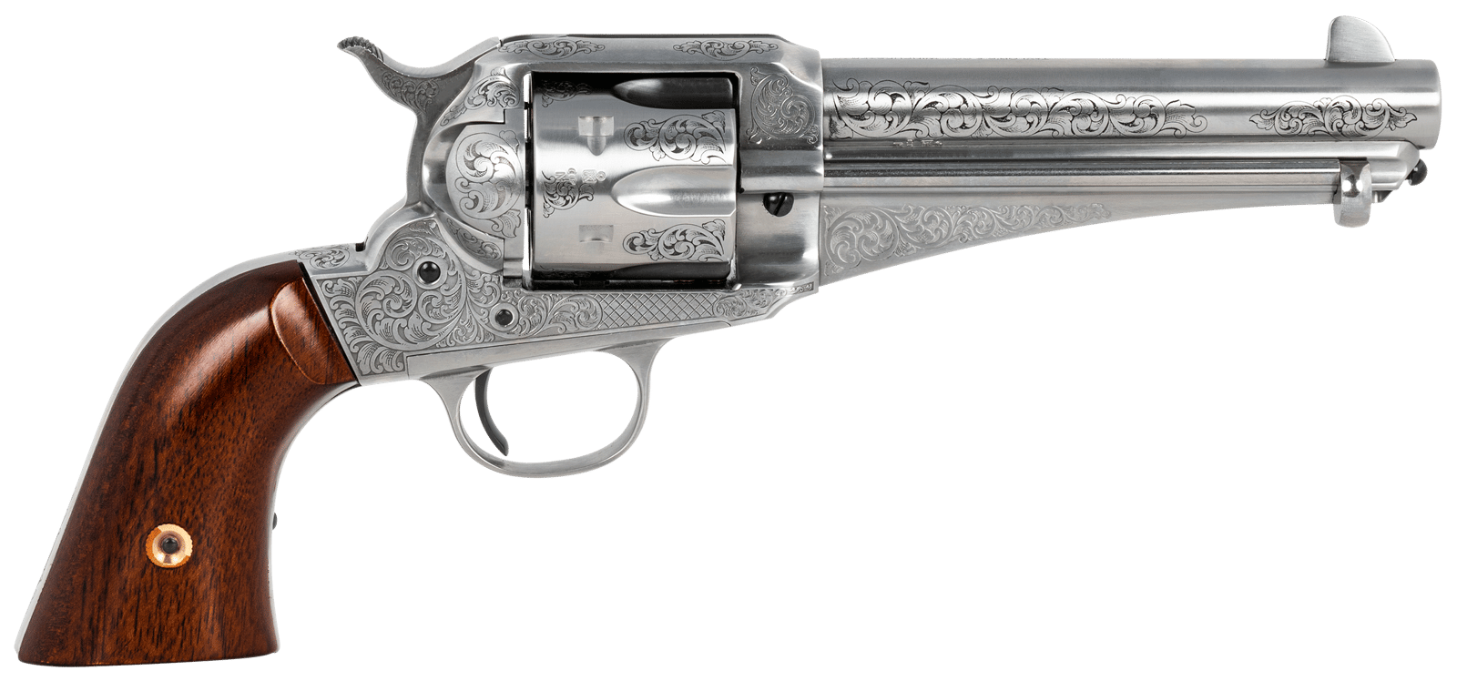 Taylors & Company 550408 1875 Army Outlaw 45 Colt (LC) Caliber with 5.50" Barrel, 6rd Capacity Cylinder, Overall White Engraved Finish Steel & Walnut Grip