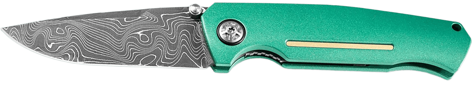 Boker 111102DAM   3.22" Drop Point Plain Damascus Blade Green Aluminum Handle
