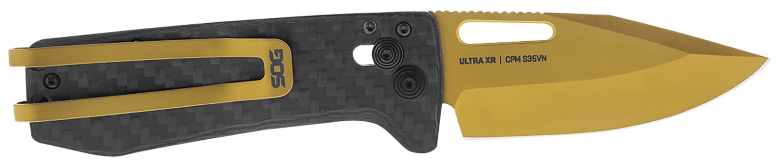 S.O.G SOG-12-63-02 Ultra XR  2.80" Folding Clip Point Plain Gold TiNi Cryo S35NV Steel Blade/Black Textured Carbon Fiber Handle Includes Pocket Clip