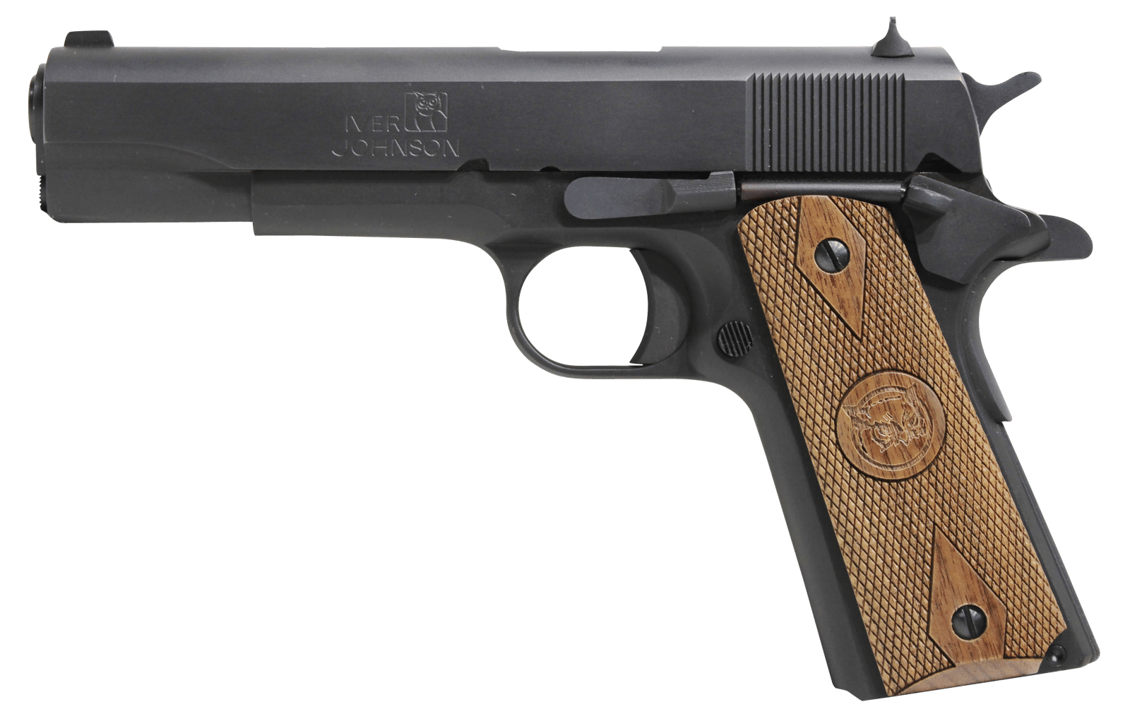 Iver Johnson Arms 1911A1938 1911 A1  38 Super 9+1 5" Black Steel Barrel, Matte Blued Serrated Steel Slide & Frame w/Beavertail, Double Diamond Checkered Walnut Grip