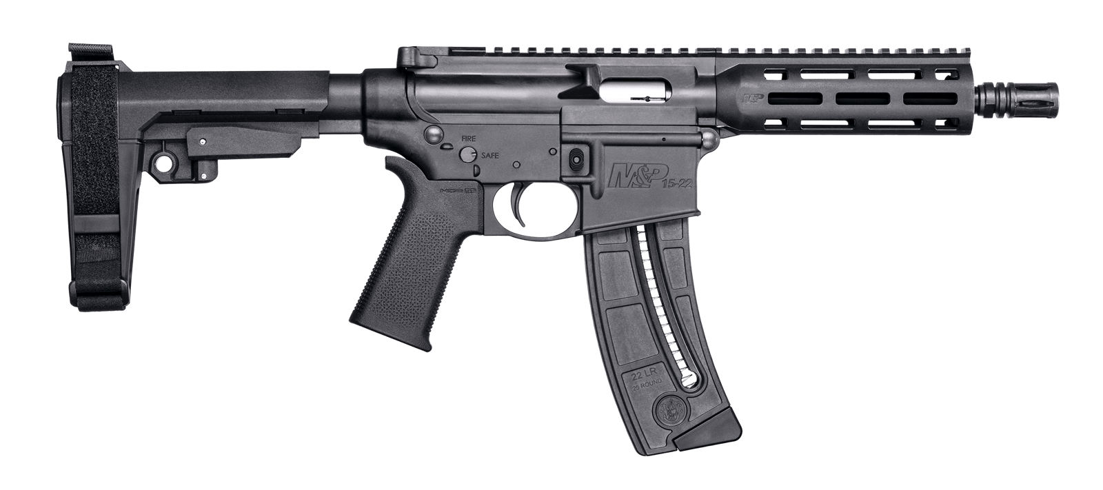Smith & Wesson 13321 M&P15  Pistol 22 LR 8" Black Carbon Steel Barrel 25+1, Black SB Tactical SBA3 Adjustable Arm Brace Stock, Black Magpul MOE Grip, Manual Safety, Optics Ready