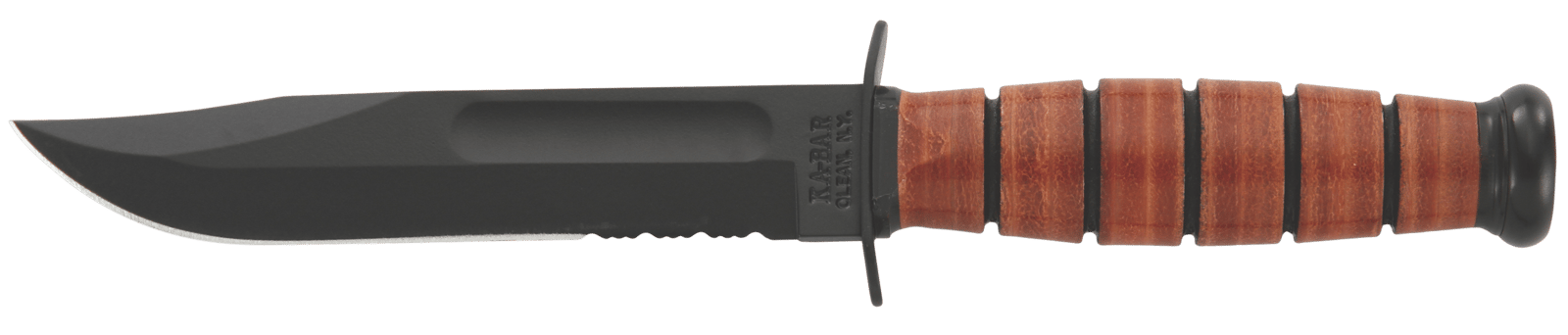 Ka-Bar 1252 USMC  5.25" Fixed Clip Point Part Serrated Black 1095 Cro-Van Blade, Brown Leather Handle, Includes Sheath