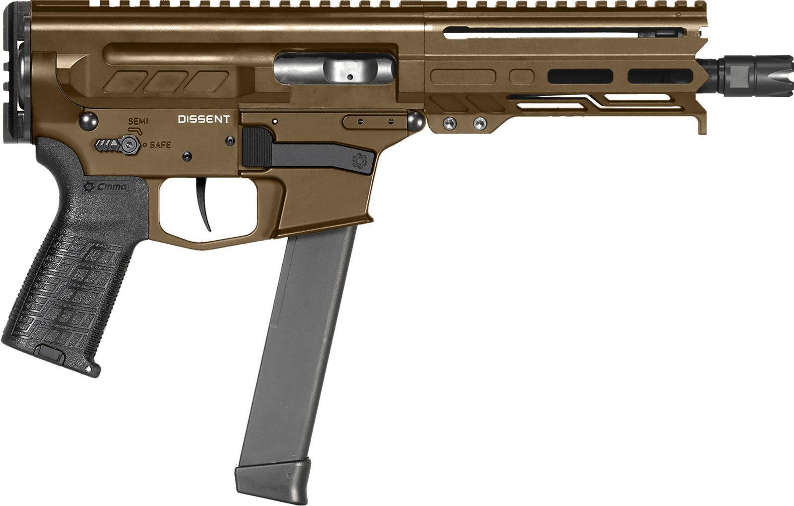 CMMG 99A68A2MB Dissent MKGS 9mm Luger 33+1 6.50", Midnight Bronze Rec, Picatinny Brace Adapter, 5.50" M-LOK Handguard, Left Side Charging Handle, Zeroed Linear Comp, TriggerTech Trigger