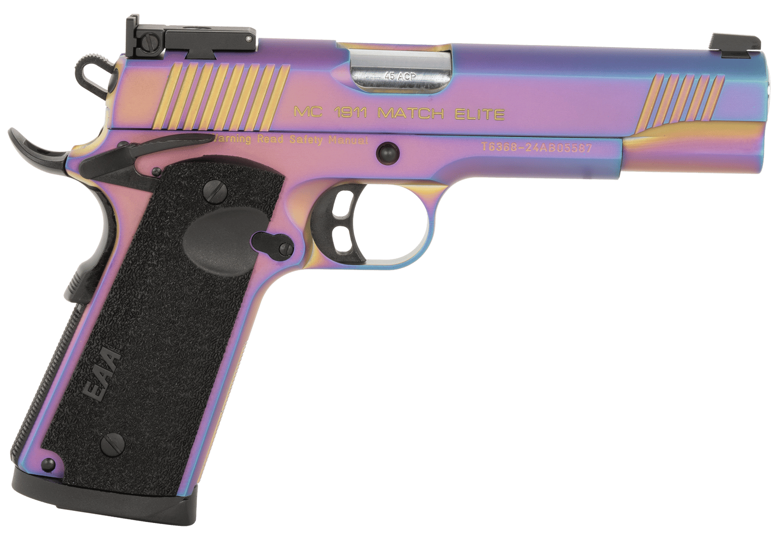 Girsan 391091 MC1911  Full Size Frame 45 ACP 8+1 5" Stainless Bull Barrel, Multi Color PVD Coating Serrated Steel Slide, Multi Color PVD Coating Steel Frame w/Beavertail, Black Textured Grip