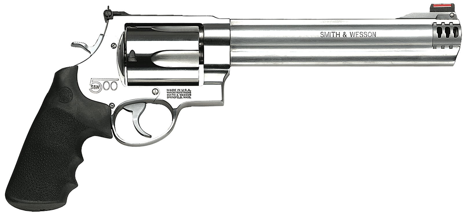 Smith & Wesson 163501 Model 500  X-Large 500 S&W Mag 5 Shot 8.38" Satin Compensated Barrel, Satin Cylinder, Satin Stainless Steel Frame, Black Finger Grooved Grip, Exposed Hammer