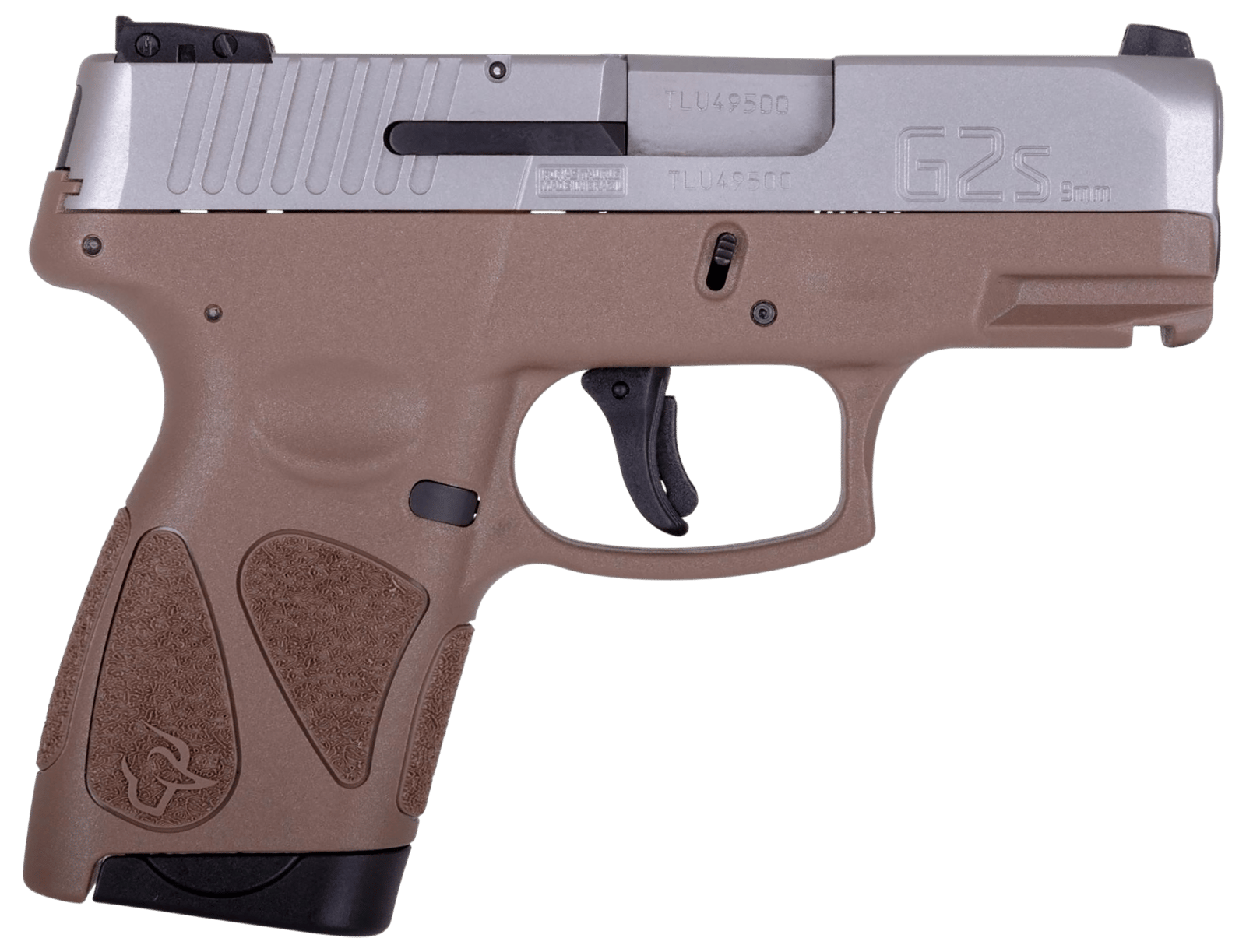 Taurus 1-G2S939B G2S  Compact Frame 9mm Luger 7+1 3.26" Matte Stainless Steel Barrel, Black Stainless Steel Serrated Slide, Brown Polymer Frame w/Accessory Rail, Black Polymer Grip