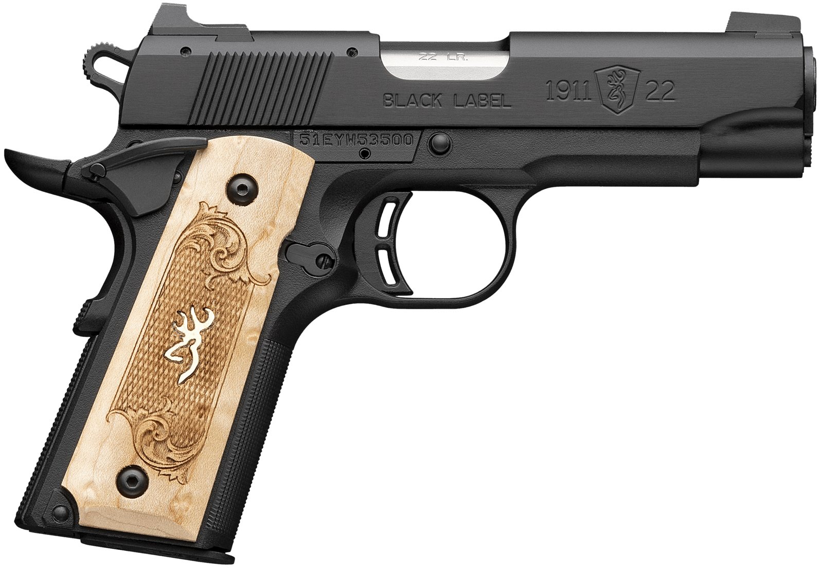 Browning 051068490 1911-22 Black Label Medallion Compact Frame 22 LR 10+1 3.63" Stainless Steel Barrel, Matte Black Serrated Slide, Matte Black Aluminum Frame w/Beavertail, Maple Medallion Grip