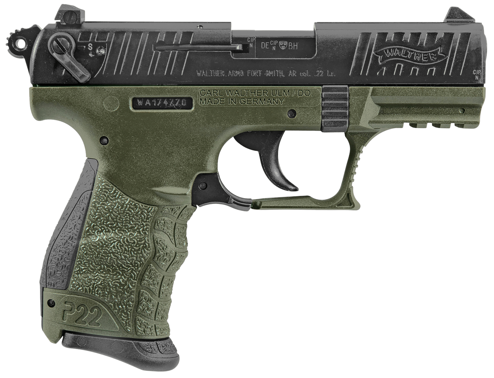Walther Arms 5120338 P22 Military *CA Compliant 22 LR 10+1 3.42" Matte Black Tenifer Serrated/Steel Slide, OD Green Polymer Frame w/Picatinny Rail, OD Green Interchangeable Backstrap Grips