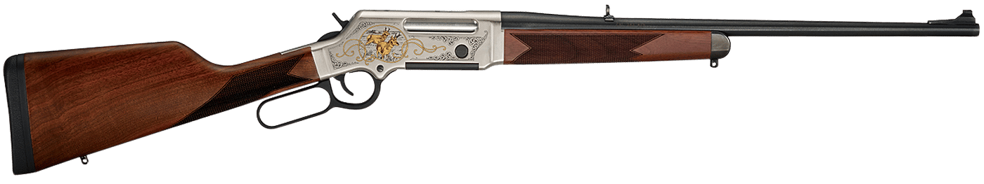 Henry H014WL243 Long Ranger Wildlife Full Size 243 Win 4+1 20" Blued Steel Barrel, Engraved Nickel-Plated w/24K Gold Inlay Steel Receiver, American Walnut Stock Right Hand