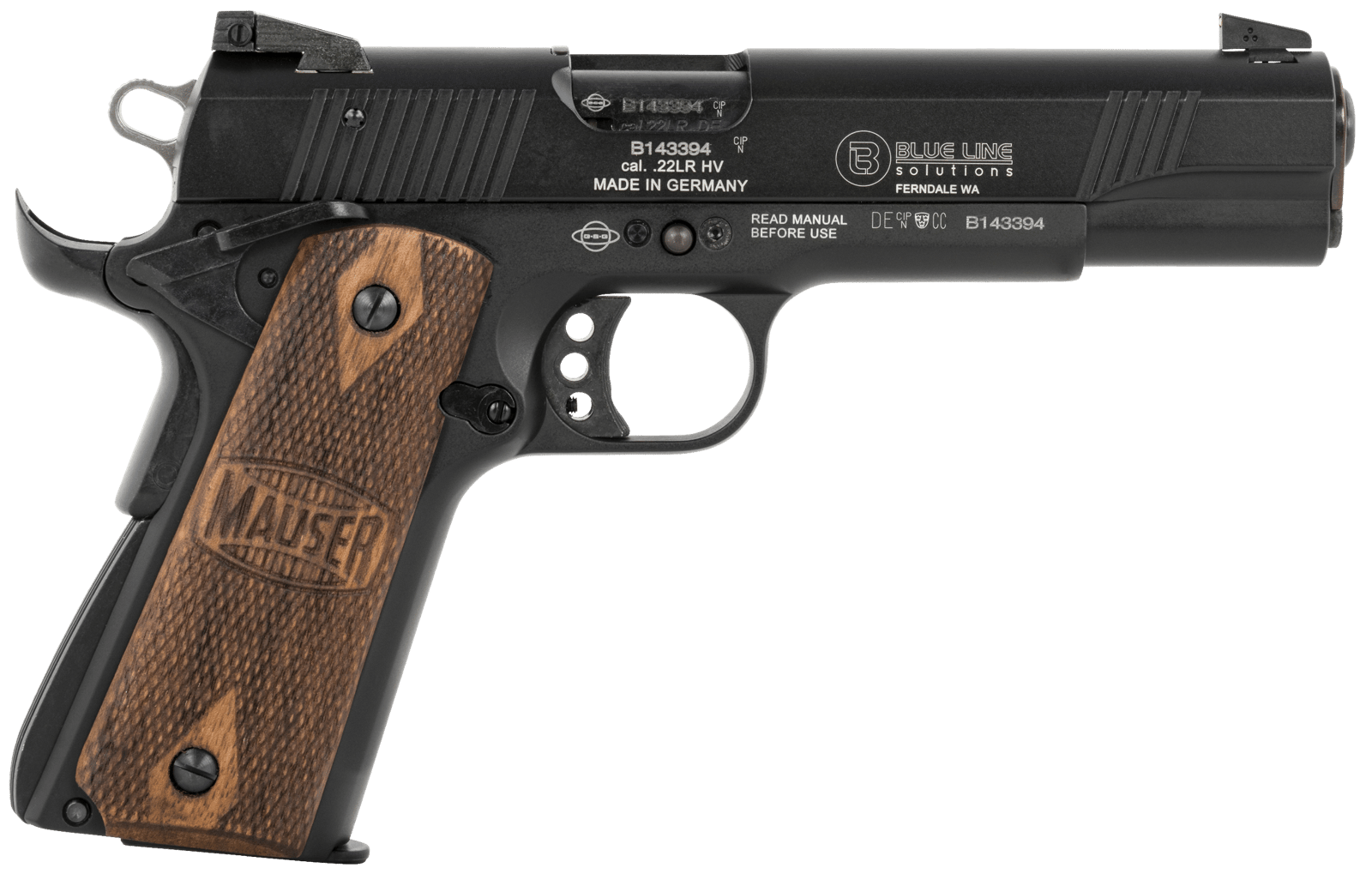 Mauser Rimfire 4110605 1911  22 LR 10+1 5" Black Steel Barrel, Black Aluminum Slide, Black Aluminum Frame w/Beavertail, Walnut Grip, Ambidextrous