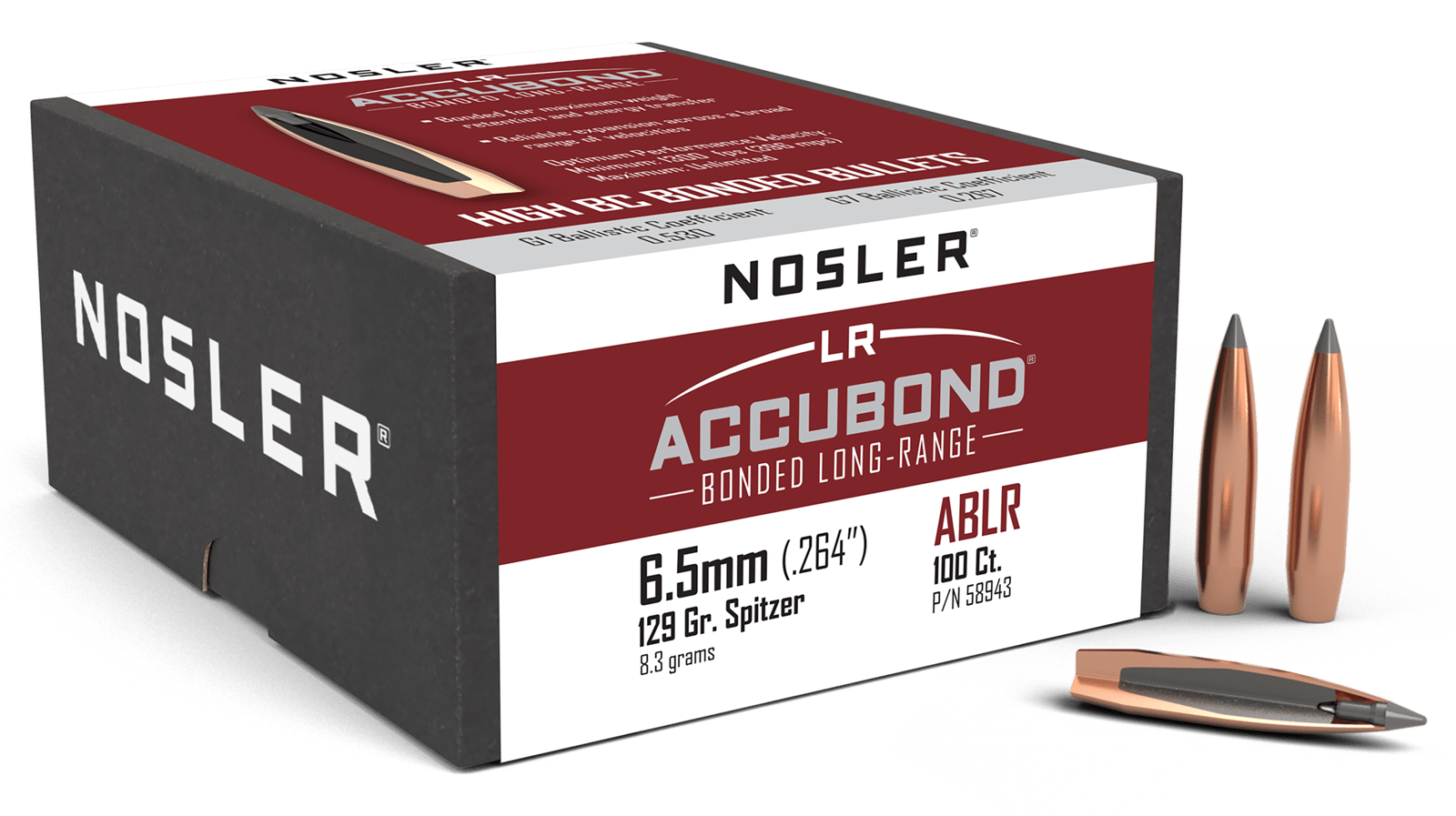 Nosler 58943 AccuBond Long Range 6.5Creedmoor 129gr Spitzer Point 100/Box