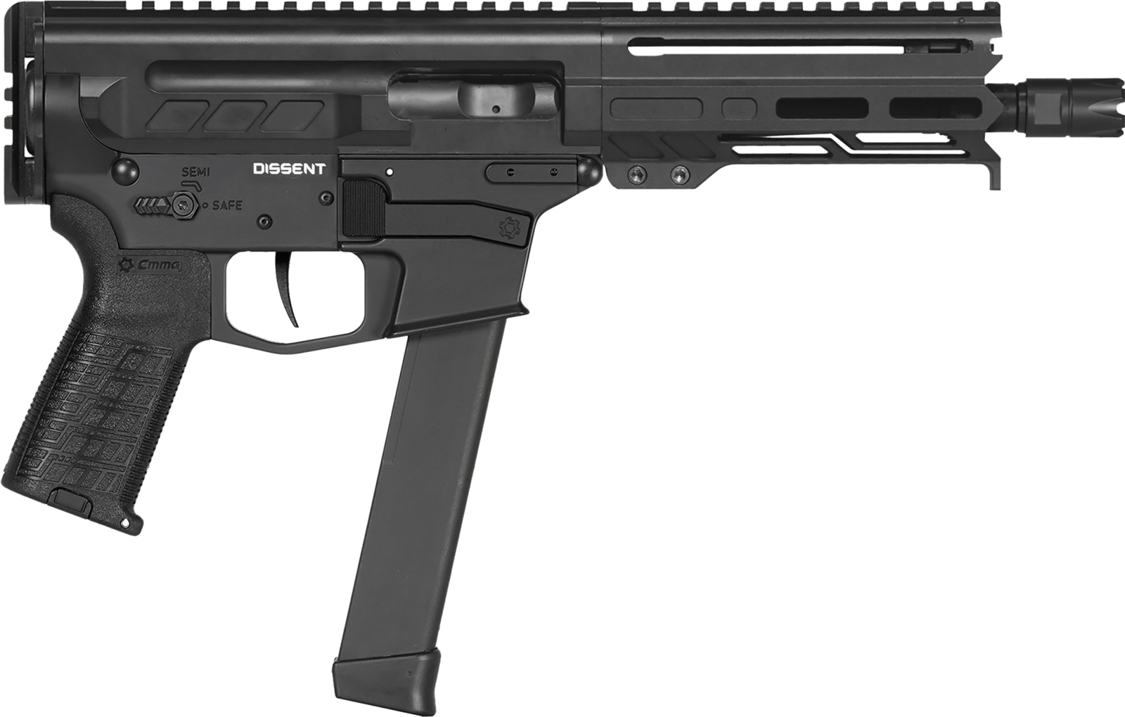 CMMG 99A68A2AB Dissent MKGS 9mm Luger 33+1 6.50", Black, Picatinny Brace Adapter, 5.50" M-LOK Handguard, Left Side Charging Handle, Zeroed Linear Comp, TriggerTech Trigger (Glock Mag Compatible)