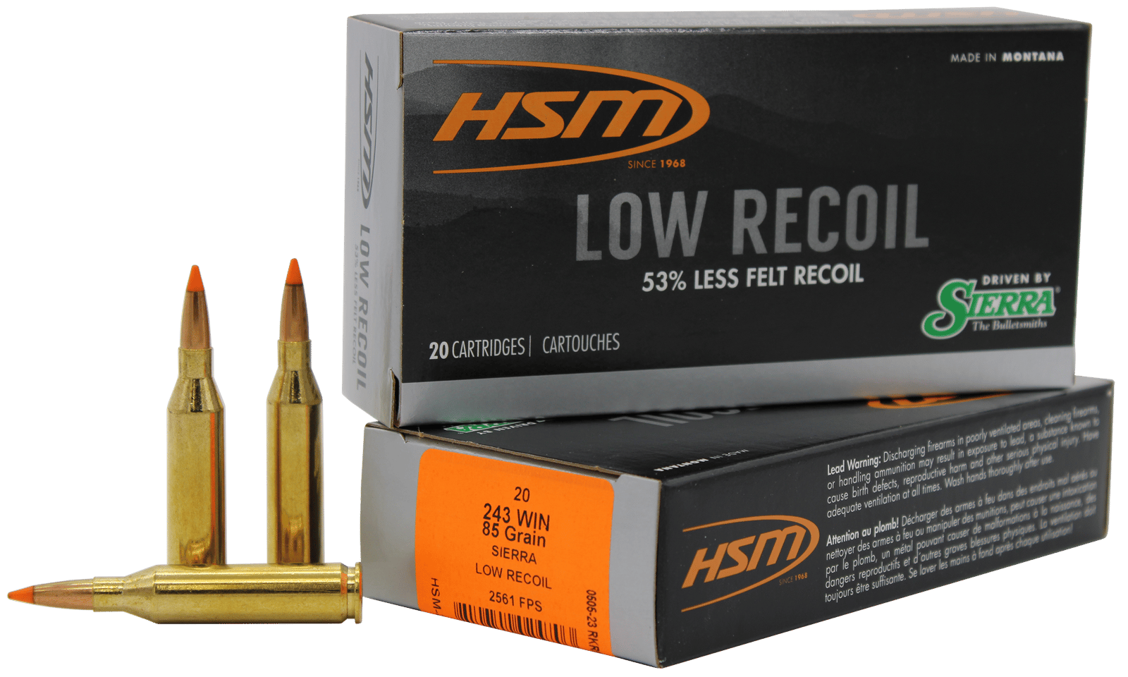 HSM 24318N Low Recoil  243 Win 85 gr Orange Polymer Tip 20 Per Box/ 25 Case