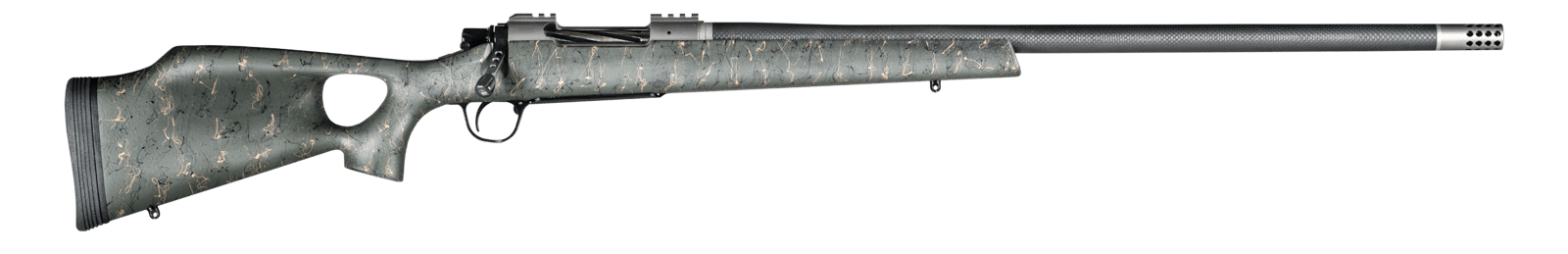 Christensen Arms CA10269815323 Summit TI  Full Size 28 Nosler 3+1, 26" Natural Titanium Steel Threaded Barrel, Natural Titanium Aluminum Receiver, Green w/Black/Tan Webbing Fixed Thumbhole Stock