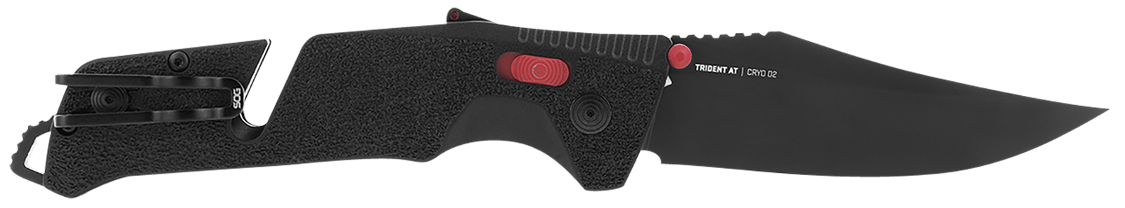 S.O.G SOG11120141 Trident AT 3.70" Folding Clip Point Plain Black TiNi Cryo D2 Steel Blade/Black w/Red Accents GRN Handle Features Line Cutter/Glass Breaker