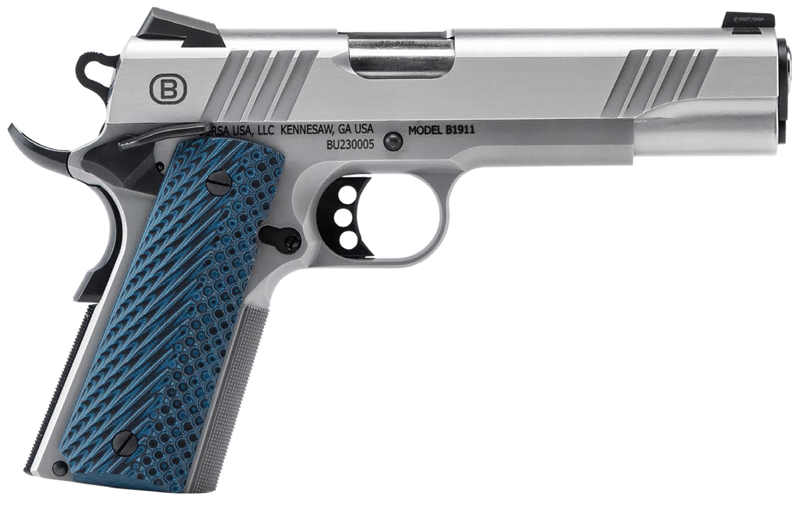 Bersa B19117050SMBL B1911  Full Size Frame 45 ACP 8+1 5" Stainless Steel Barrel, Polished Stainless Serrated Steel Slide, Matte Stainless Stainless Steel Frame w/Beavertail, Blue VZ Grip, Ambidextrous