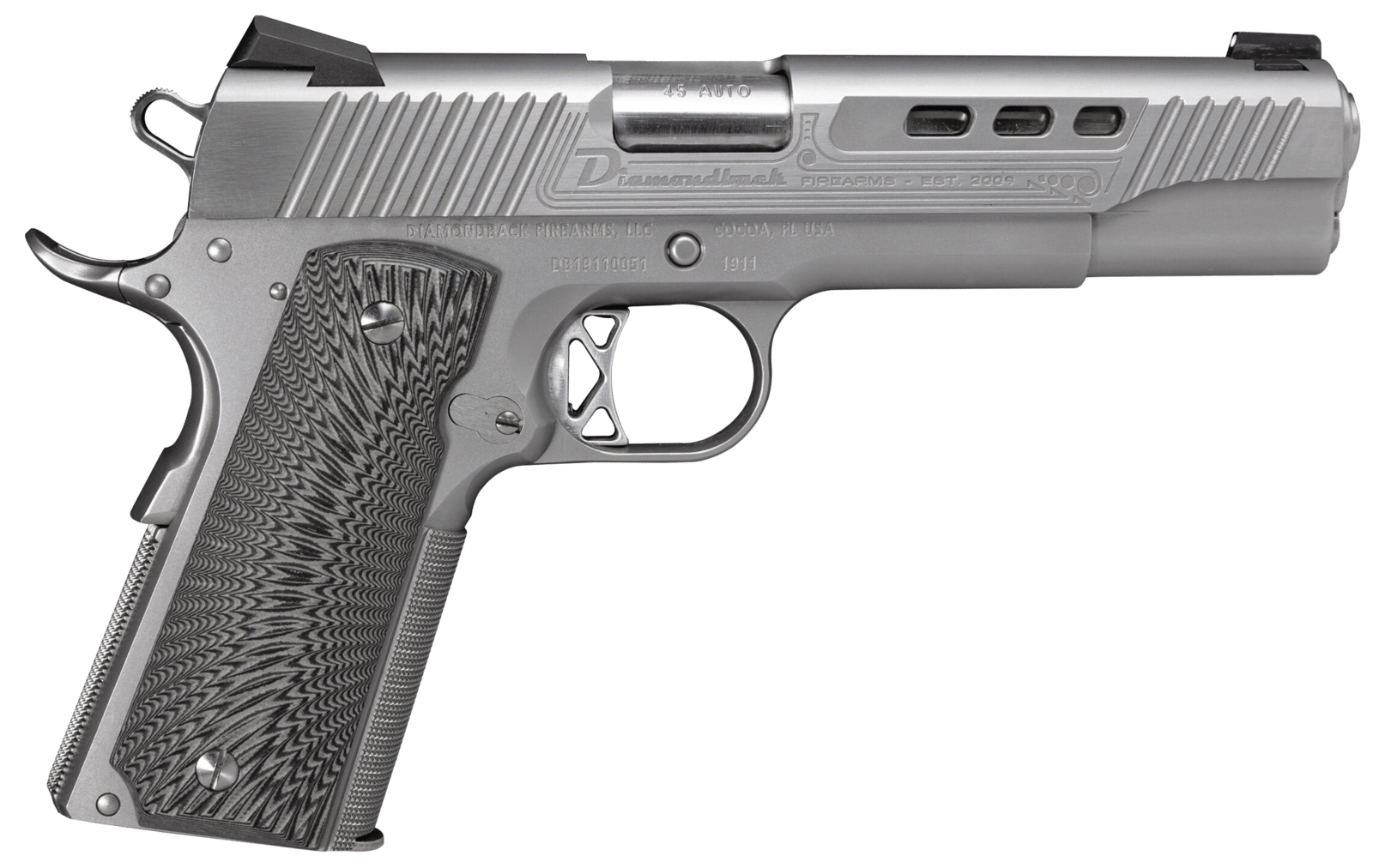 Diamondback DB1911SS 1911 Limited Edition 45 ACP 8+1 5" Stainless Match Grade Barrel, Ported/Serrated Stainless Steel Slide & Frame w/Beavertail, Black G10 Grip