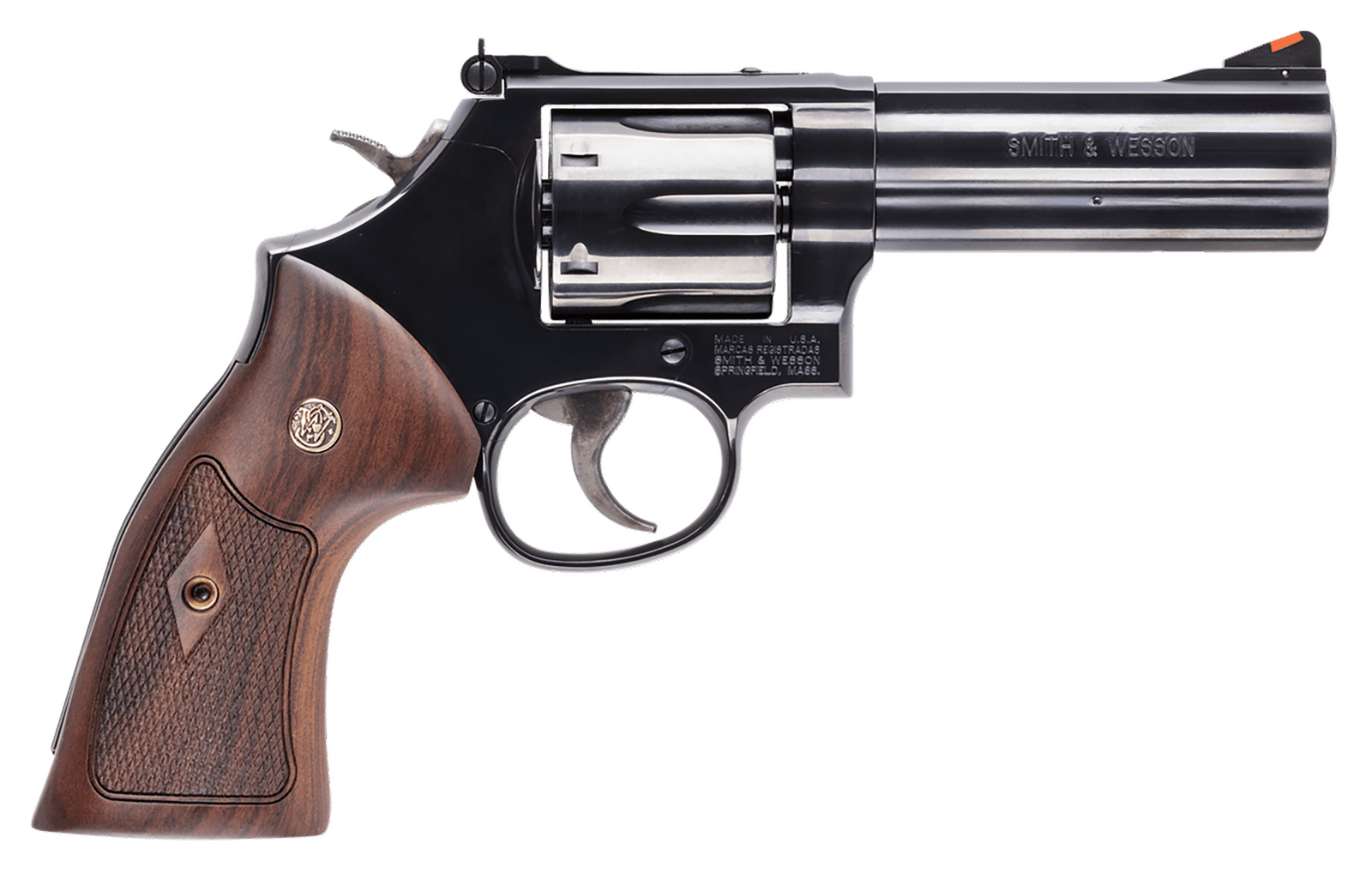 Smith & Wesson 150909 Model 586 Classic L-Frame 357 Mag 38 Special +P 6 Shot 4" Blued Carbon Steel Barrel, Blued Cylinder, Blued Carbon Steel Frame, Wood Grip Internal Lock Safety, Exposed Hammer