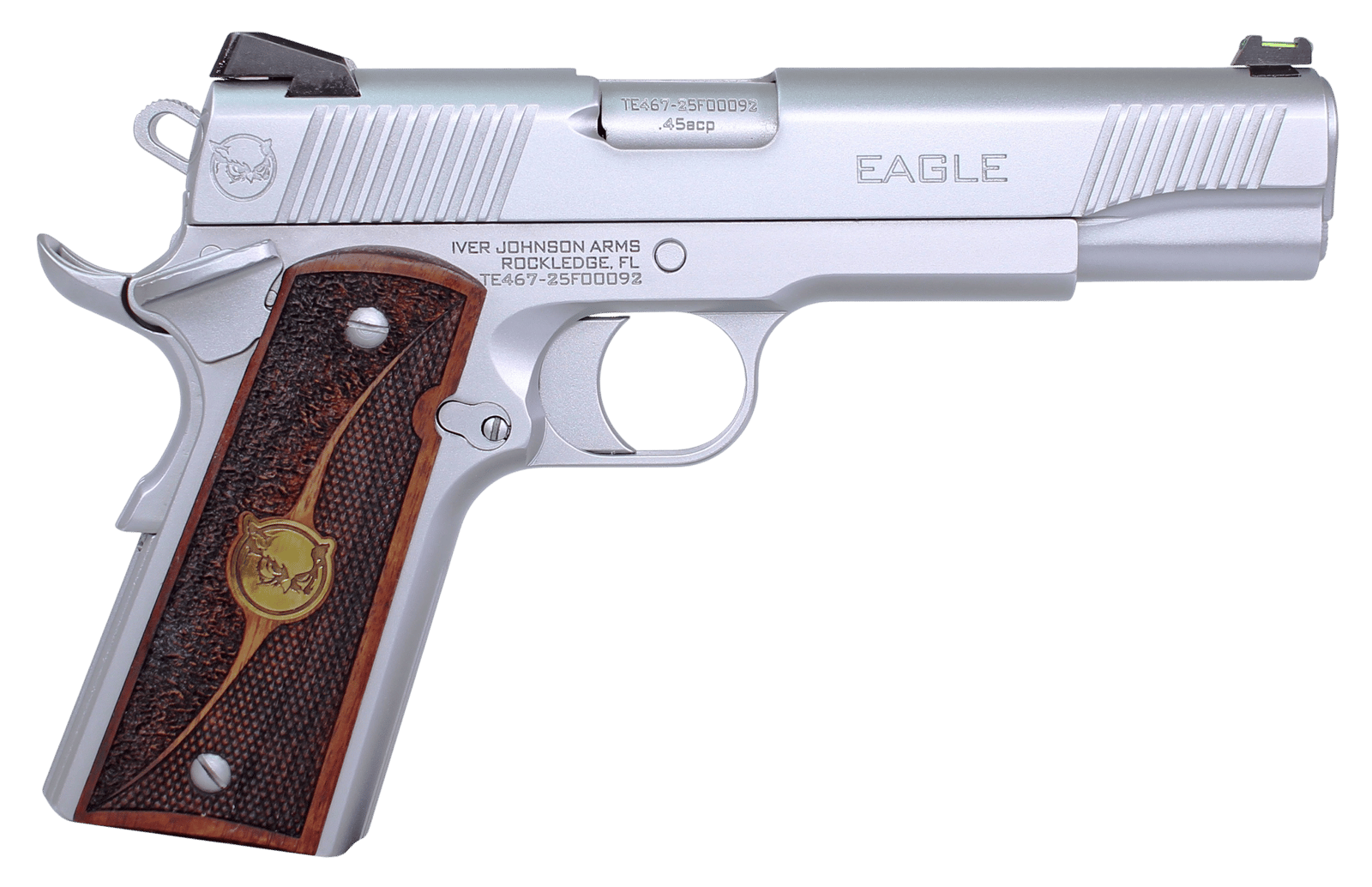 Iver Johnson Arms EAGLEHC Eagle Gen2 HC Government Frame 45 ACP 8+1 5" Overall Satin Hard Chrome Crowned Barrel, Serrated Steel Slide & Frame w/Beavertail, Textured Walnut w/Brass Logo Medallion Grip