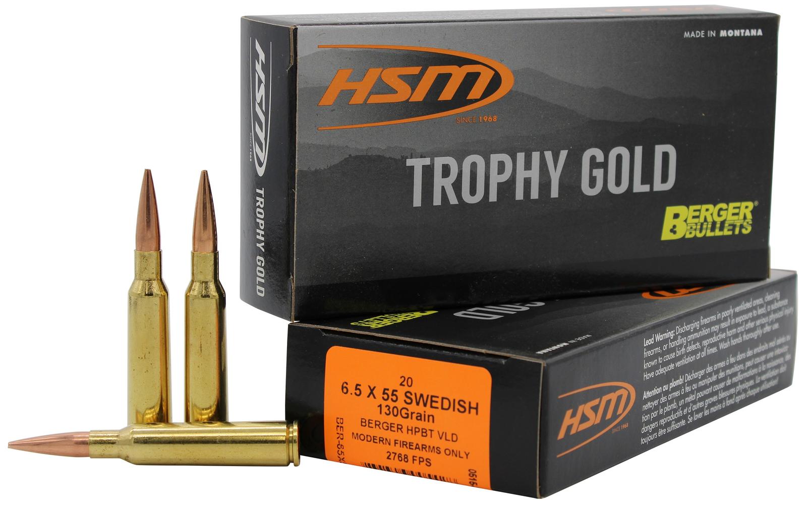 HSM 65X55130VLD Trophy Gold Extended Range 6.5x55 Swedish 130 gr Berger Hunting VLD Match 20 Per Box/ 25 Case