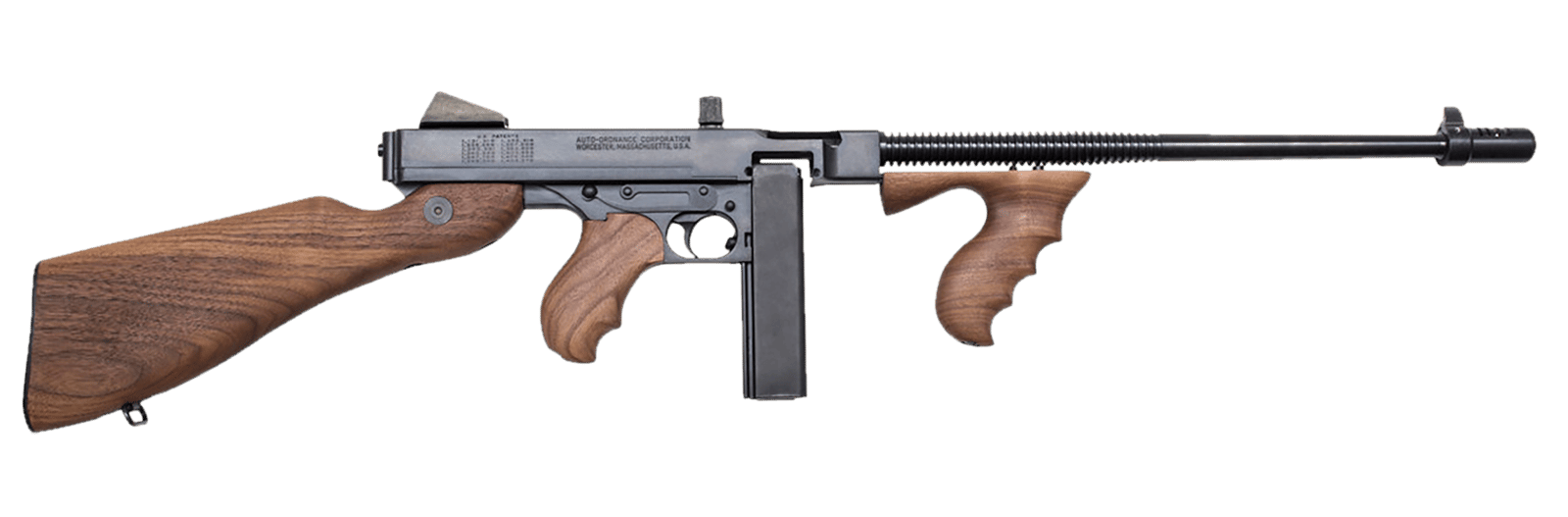 Thompson T5100D 1927A-1  45 ACP Caliber with 16.50" Barrel, 20+1 Capacity (Stick), 100+1 Capacity (Drum), Blued Metal Finish, American Walnut Stock Wood Grip Right Hand