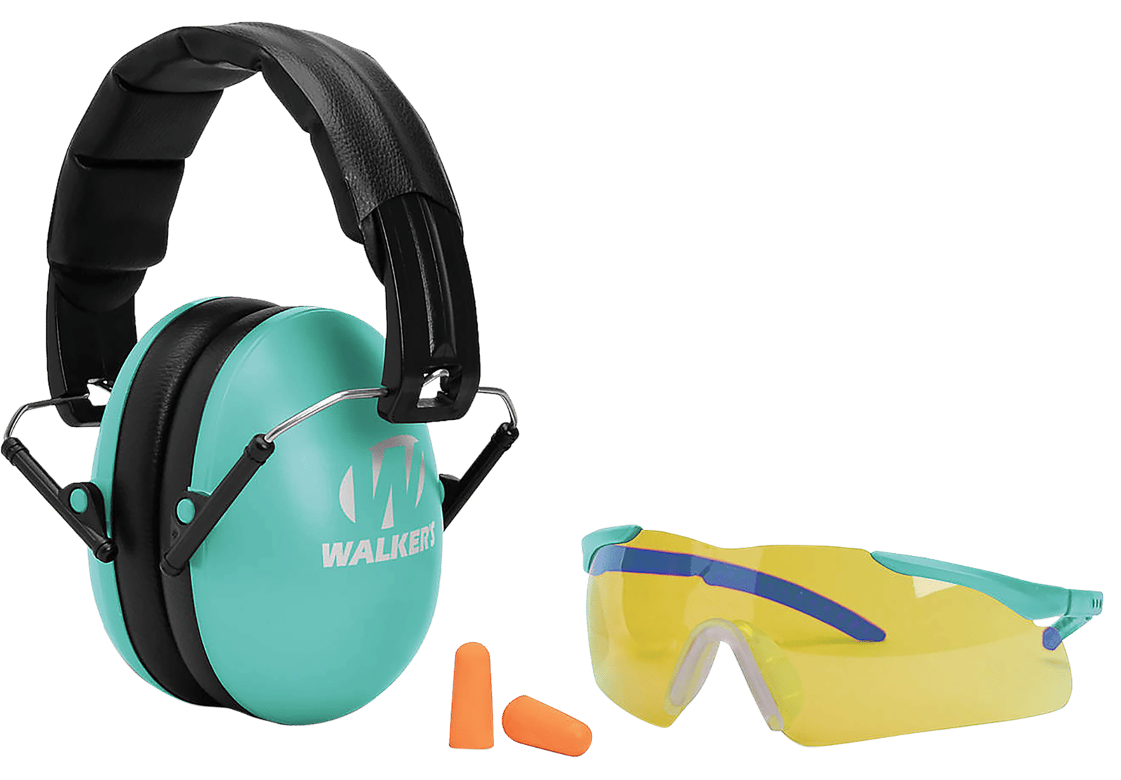 Walker's GWPYWFM2GFPLTL Folding Muff Combo 23 dB Over the Head Folding Muff, Foam Ear Plugs, Shooting Glasses Black/Teal Polymer Fits Youth/Women