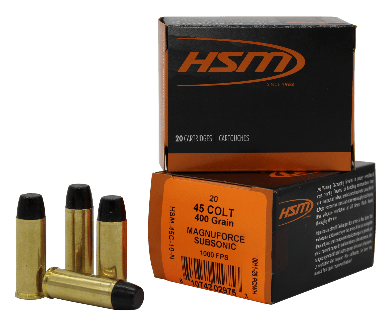 HSM 45C10N   45Colt Subsonic 400gr Hard Cast Long Flat Nose 20 Per Box/20 Case
