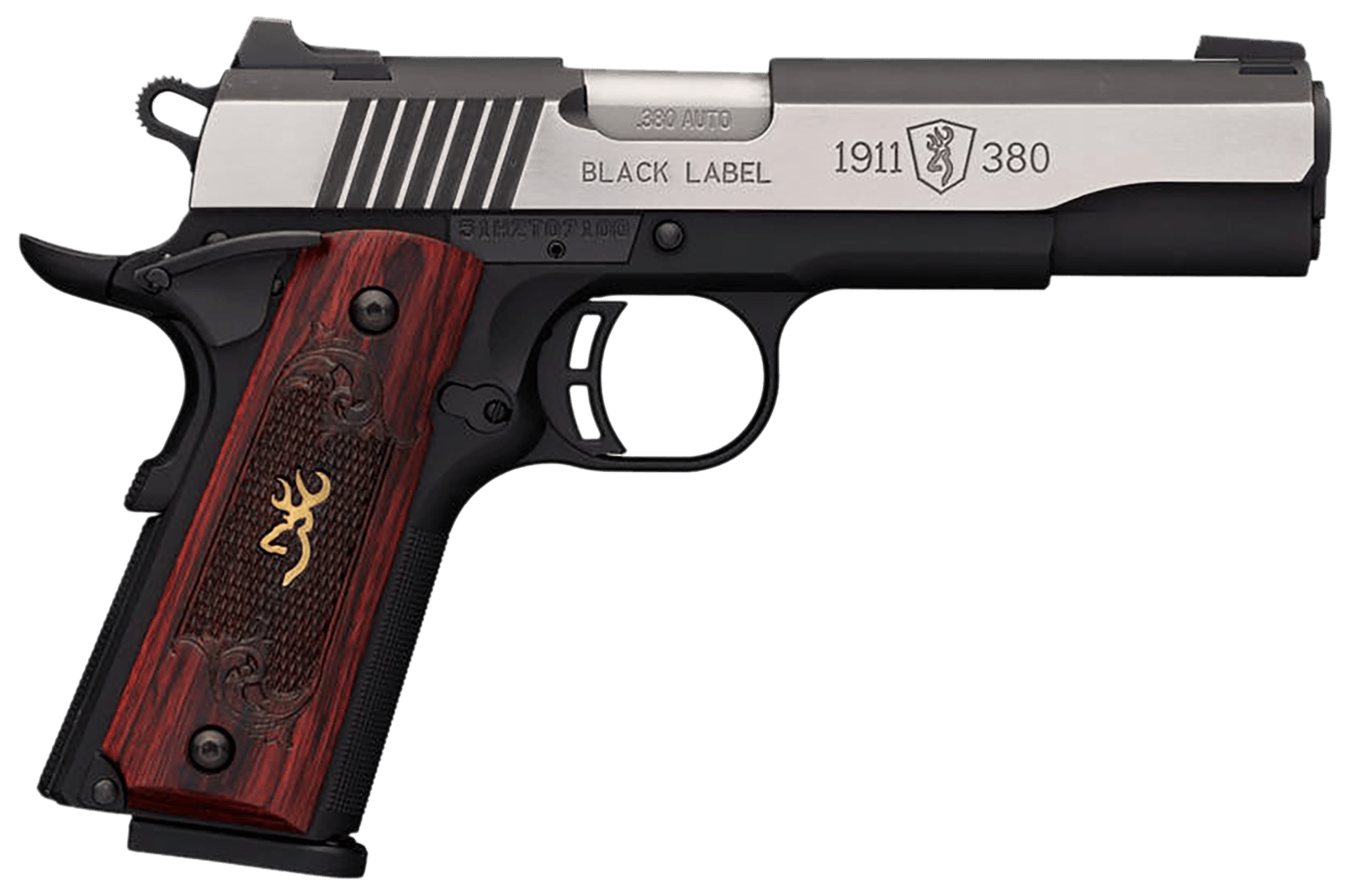 Browning 051912492 1911-380 Black Label Medallion Pro 380 ACP 8+1 4.25" Target Crown Barrel, Blackened w/Silver Polished Flats Serrated SS Slide, Matte Black Polymer Frame  w/Beavertail