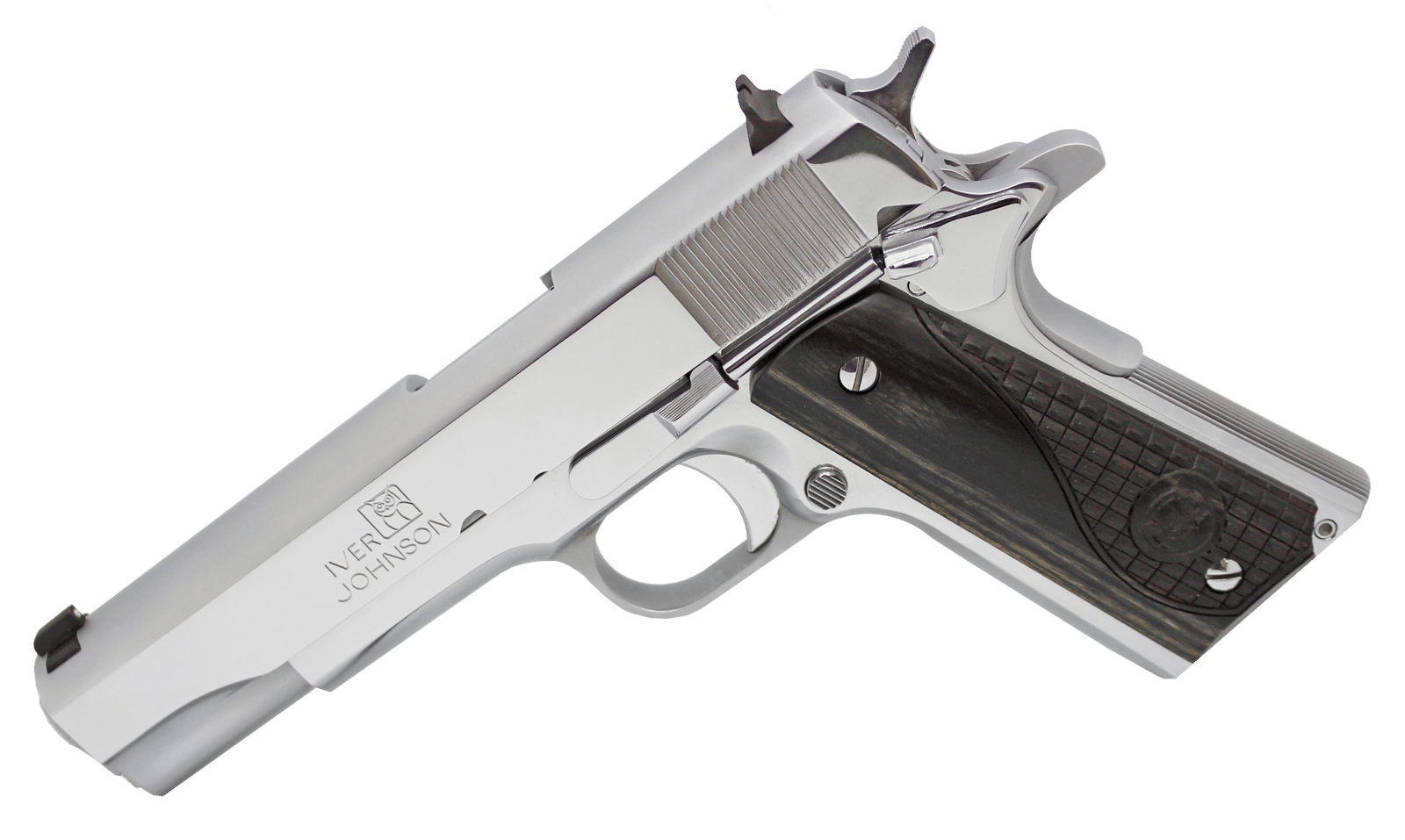 Iver Johnson Arms 1911A138CHRW 1911 A1 Government 70 Series 38 Super 9+1 5" Bright Polish Chrome Serrated Steel Slide & Frame w/Beavertail, Black Dual Textured Diamondwood Grip, Right Hand