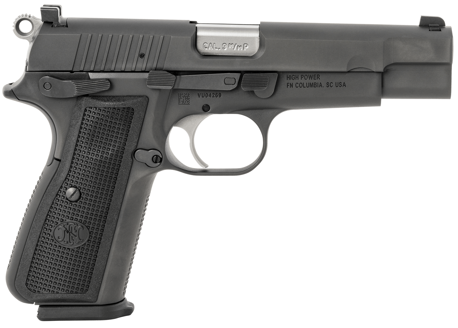 FN 66100256 High Power  9mm Luger 17+1, 4.70" Black Target Crown Steel Barrel, Black PVD Serrated Steel Slide & Steel Frame w/Beavertail, Black Textured Polymer Grip, Ambidextrous