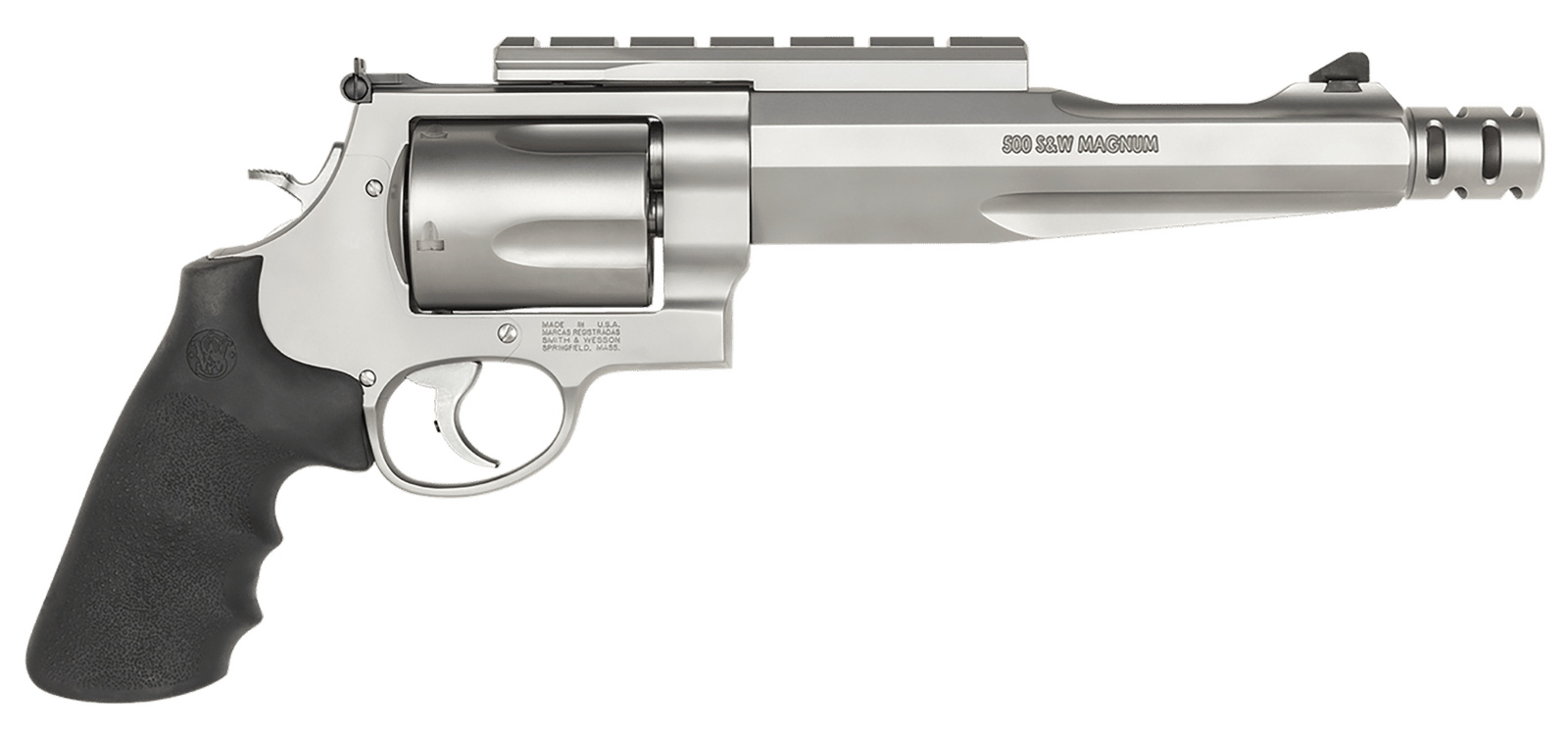 Smith & Wesson 170299 Model 500 Performance Center  500 S&W Mag Stainless Steel 7.50" Barrel With Muzzle Brake & 5rd   Cylinder, Matte Stainless Steel X-Frame, Chromed Hammer & Trigger With Stop