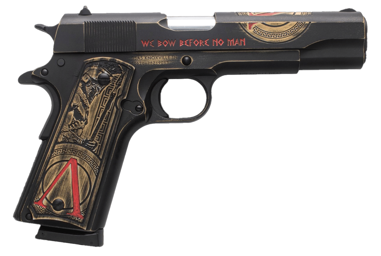 Tisas Arms 10100518AA1 1911 Spartan Full Size 45 ACP 7+1 5" Distressed Multi-Color Cerakote Serrated Slide & Carbon Steel Frame w/Beavertail, Aluminum Cerakote w/Engraving Grip