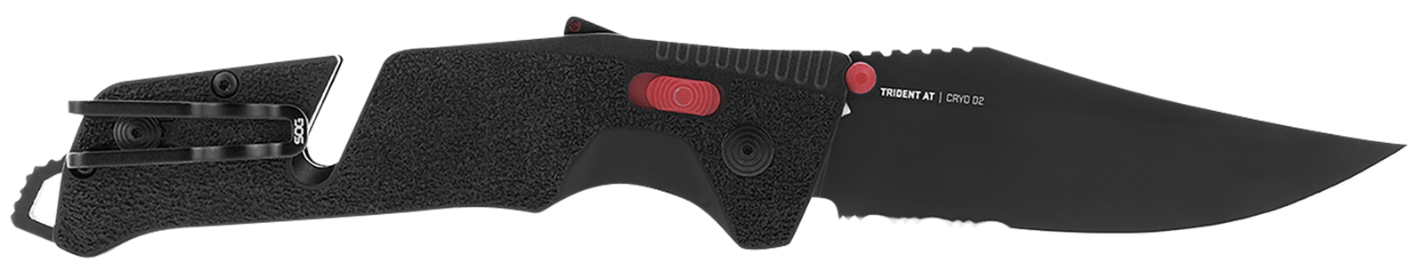S.O.G SOG11120241 Trident AT 3.70" Folding Clip Point Part Serrated Black TiNi Cryo D2 Steel Blade/Black w/Red Accents GRN Handle Features Line Cutter/Glass Breaker