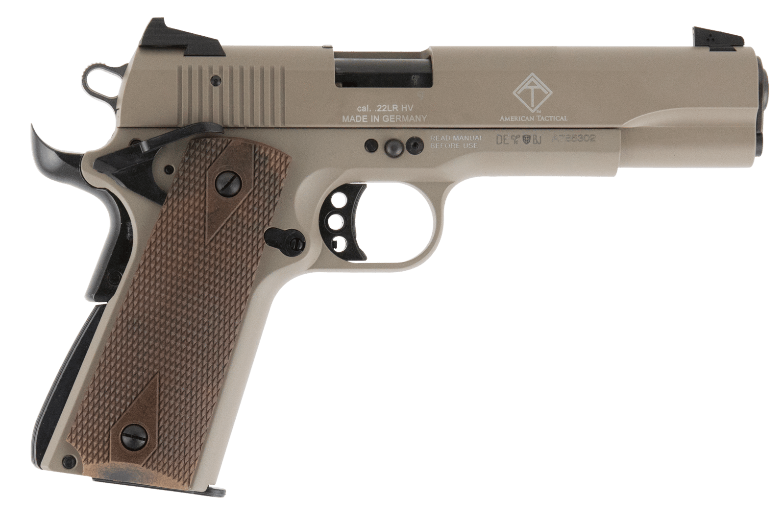 GSG GSG2210M1911T 1911  22 LR 10+1 5" Threaded Barrel, Tan Serrated Slide & Zinc Alloy w/Beavertail Frame, Double Diamond Walnut Grip