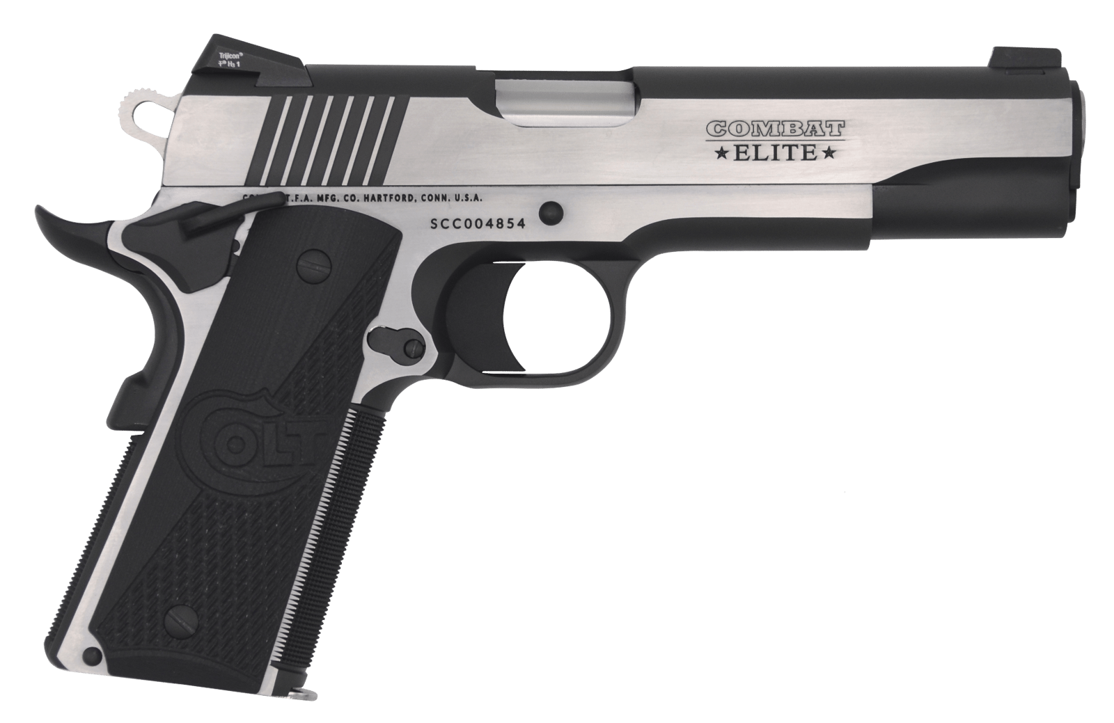 Colt Mfg O1070CE 1911 Combat Elite Government 45 ACP 5" 8+1 Overall Two-Tone Elite Finish Stainless Steel Frame & Slide with Half Checkered & Scalloped Black G10 Grip & Night Sights