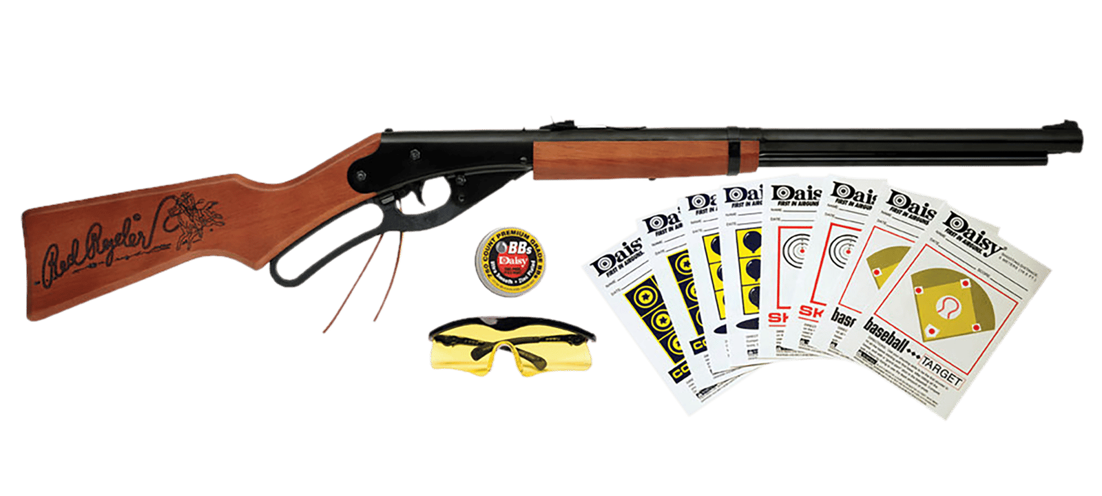 Daisy 994938-803 Red Ryder Shooting Kit Lever 177 BB Black Steel Barrel & Receiver, Fixed Engraved Wood Stock