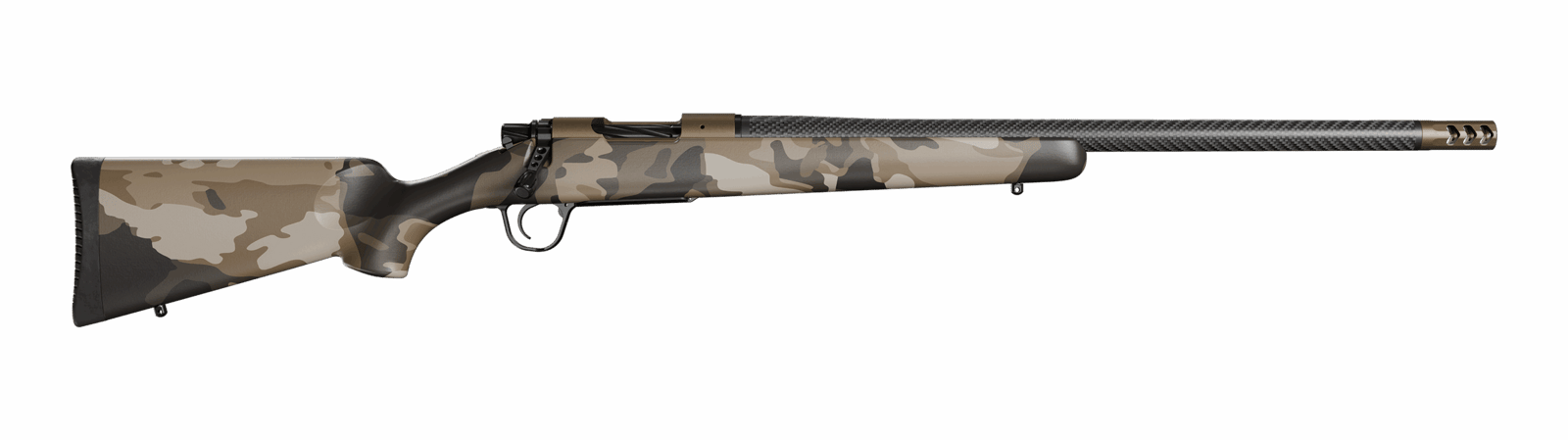 Christensen Arms 801-060082-00 Ridgeline FFT Full Size 22 Creedmoor 4+1 20" Carbon Fiber Threaded Barrel. Burnt Bronze Cerakote Steel Drilled & Tapped Receiver. Barren Dune Camo Fixed Carbon Fiber Sto