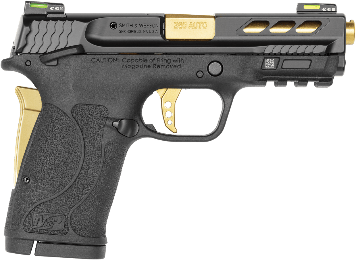 Smith & Wesson 12719 Performance Center M&P Shield EZ M2.0 380 ACP 3.80" 8+1 Black Black Armornite Stainless Steel Slide Black Polymer Grip Gold Colored Accents