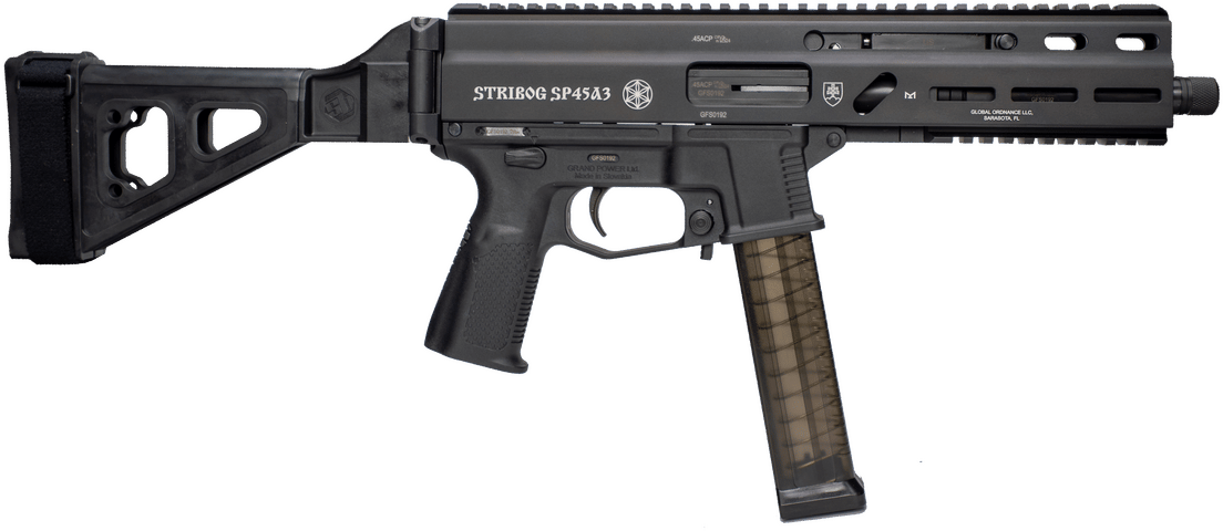 Grand Power 197892004824 SP45A3 Stribog 45 ACP 20+1 8" Black Threaded Barrel, Black Aluminum Picatinny Rail Receiver, Black SB Tactical Brace, Black Polymer Grip, Thread Protector