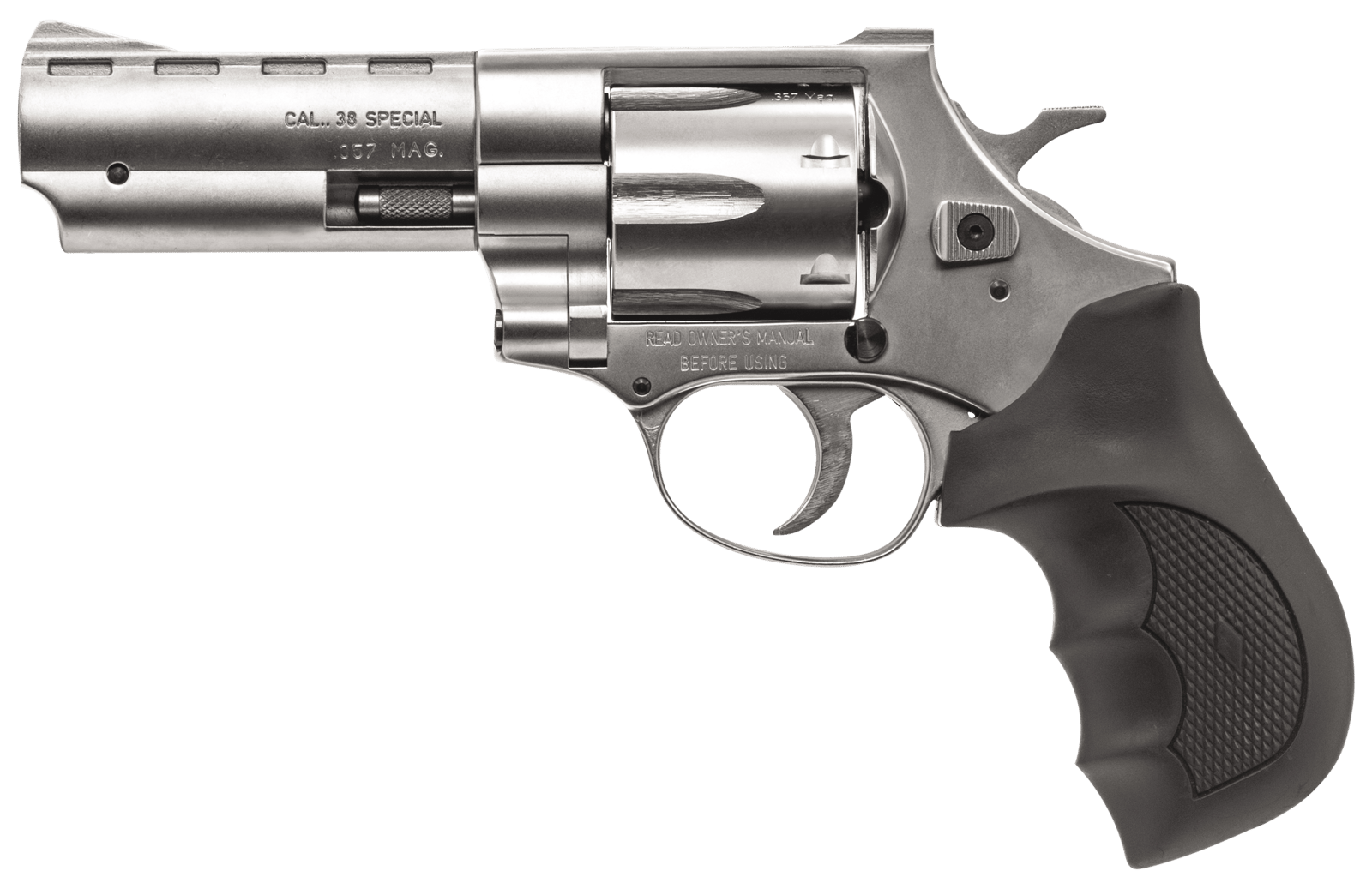 Weihrauch Guns 770128 Windicator  Medium Frame 357 Mag 6 Shot, 4" Nickel Steel Barrel, Nickel Cylinder, Nickel Steel Frame, Black Finger Grooved Rubber Grip, Spurred Hammer