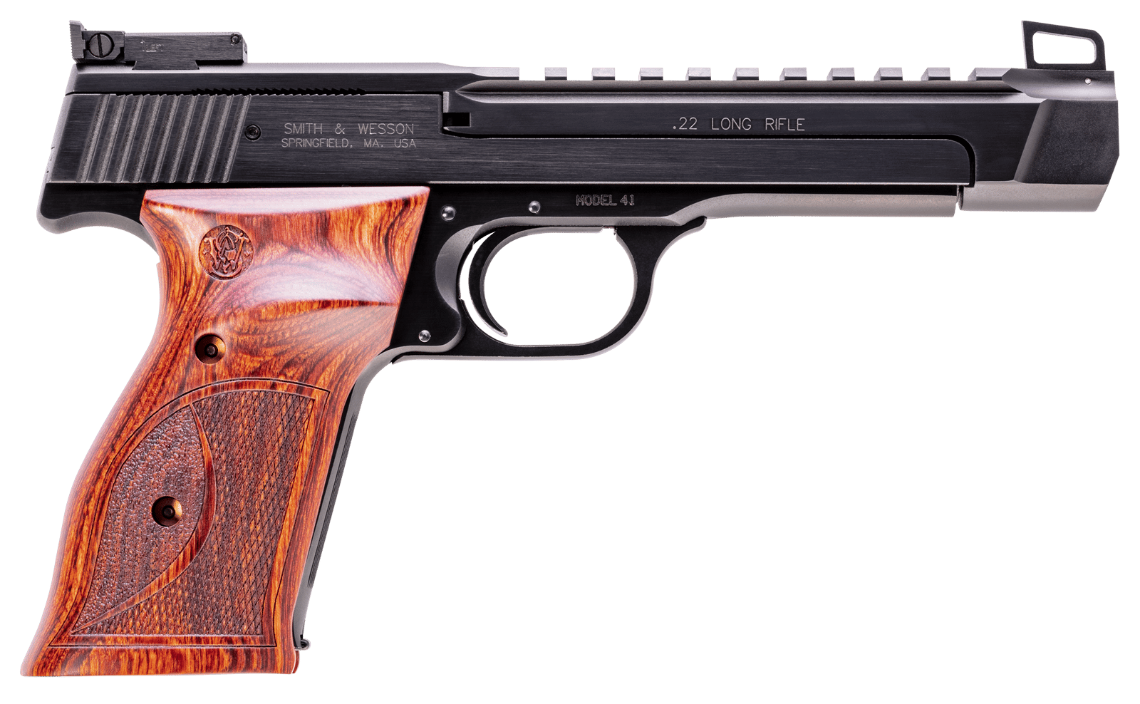 Smith & Wesson 178031 41 Performance Center Full Size Frame 22 LR 10+1, 5.50" Blued Button Rifled/Picatinny Rail Barrel, Blued Serrated Slide & Frame, Custom Wood Target Grip, Thumb Safety