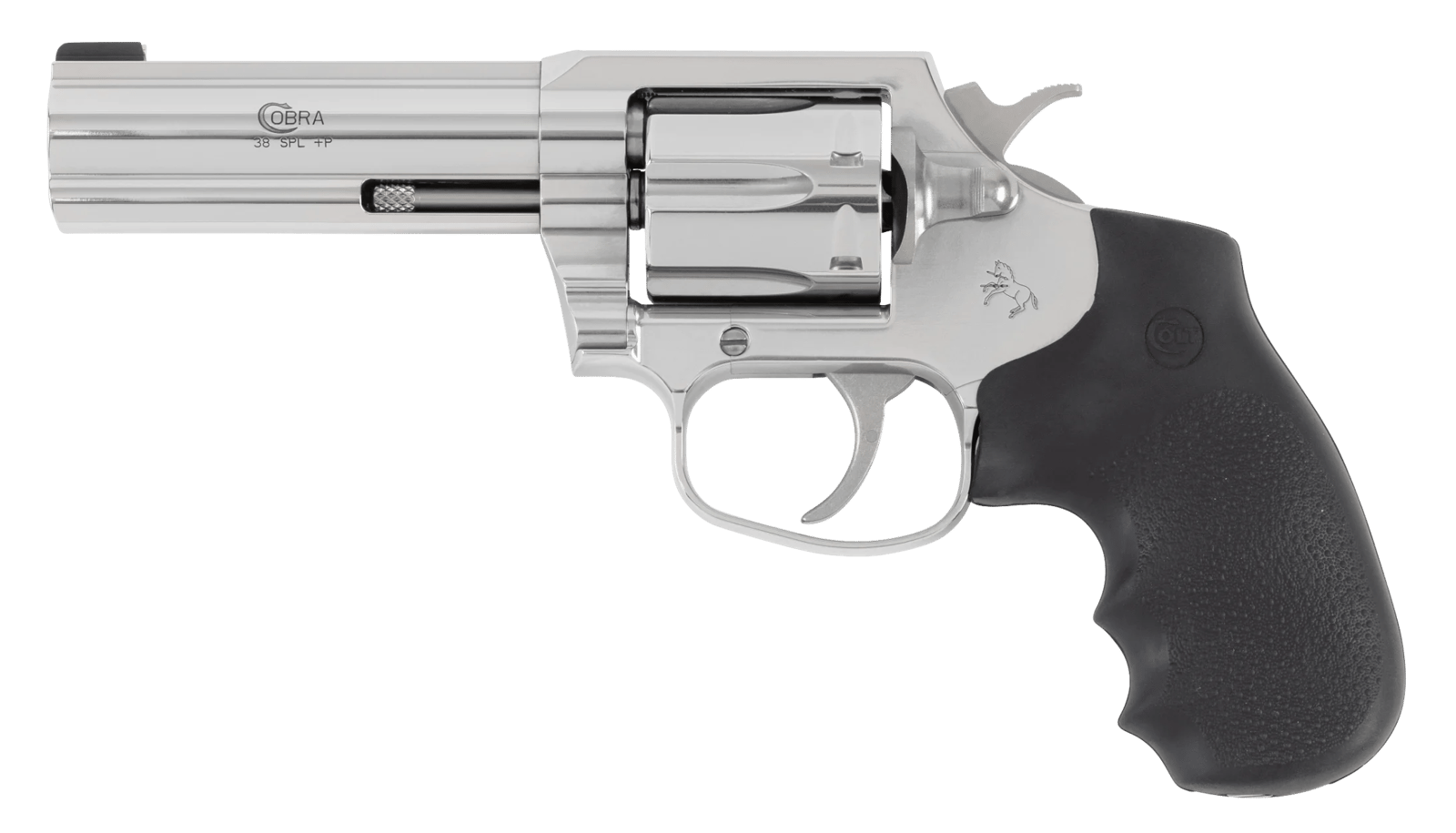 Colt Mfg COBRASB4BB Cobra  38 Special +P 6 Shot 4" Stainless Steel Barrel, Cylinder & Frame, Black Hogue Overmolded Grip, Exposed Hammer